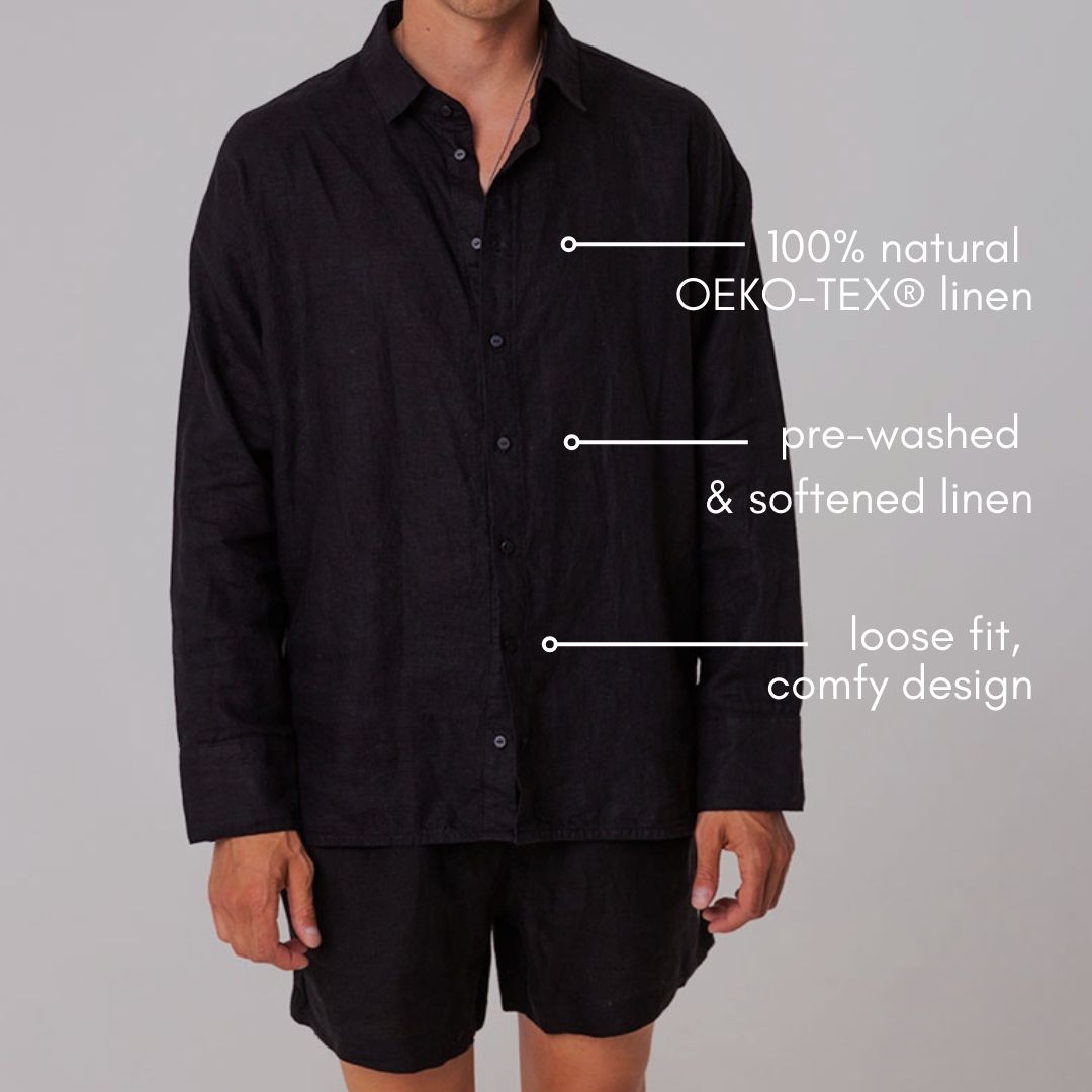 Linen shirt and shorts for men | Solid black