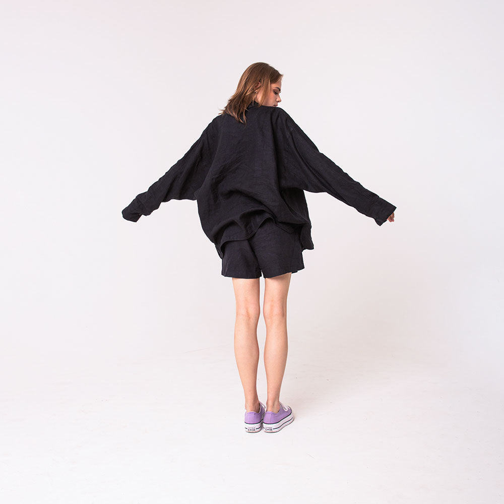 Linen shirt and shorts for women | Solid black
