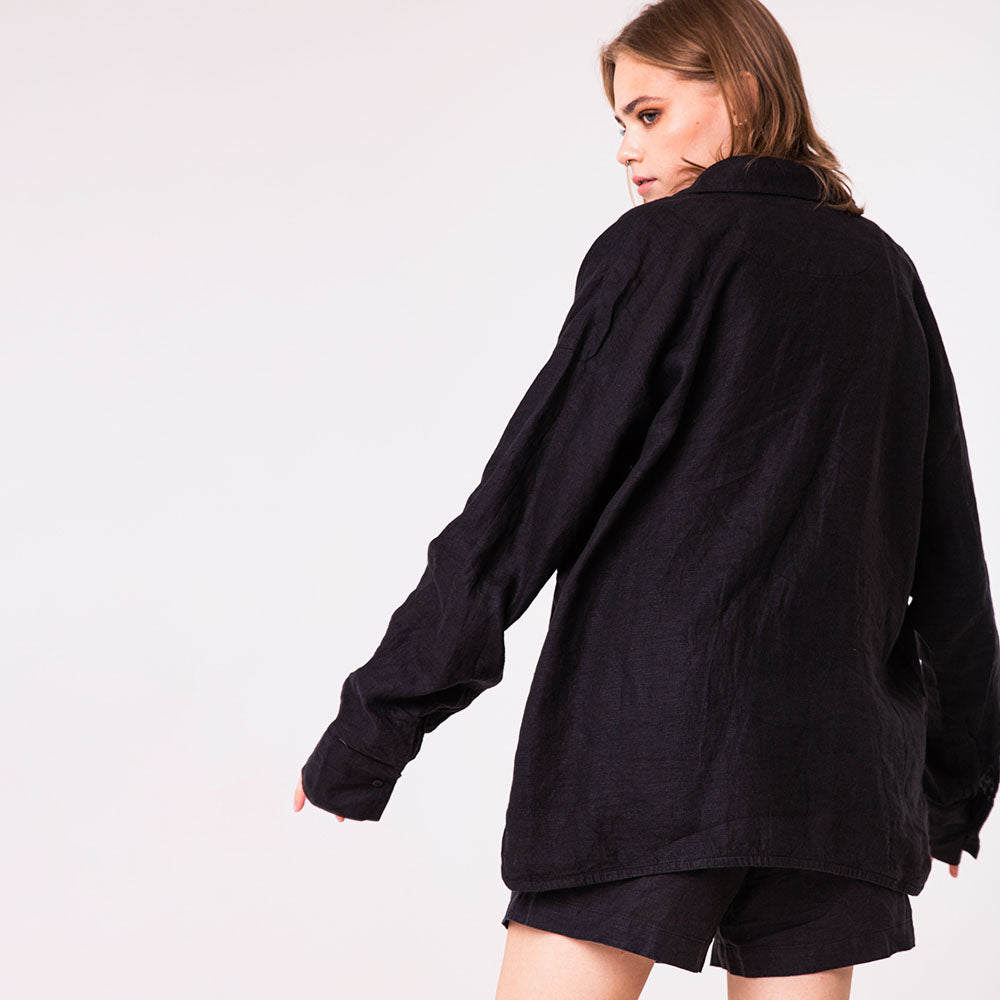 Linen shirt and shorts for women | Solid black