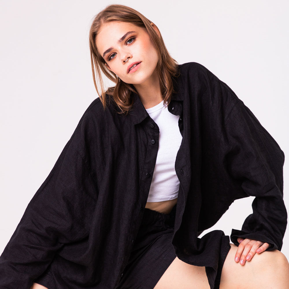 Linen shirt and shorts for women | Solid black