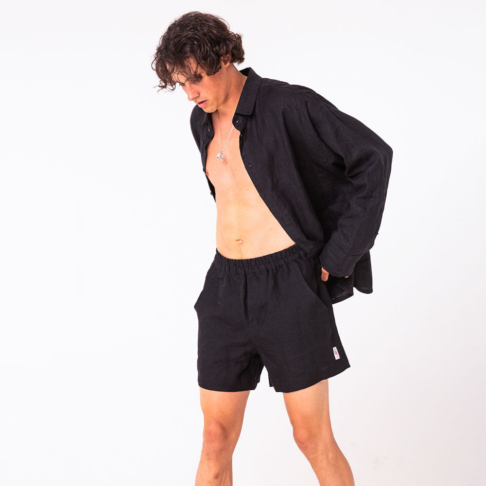 Linen shirt and shorts for men | Solid black