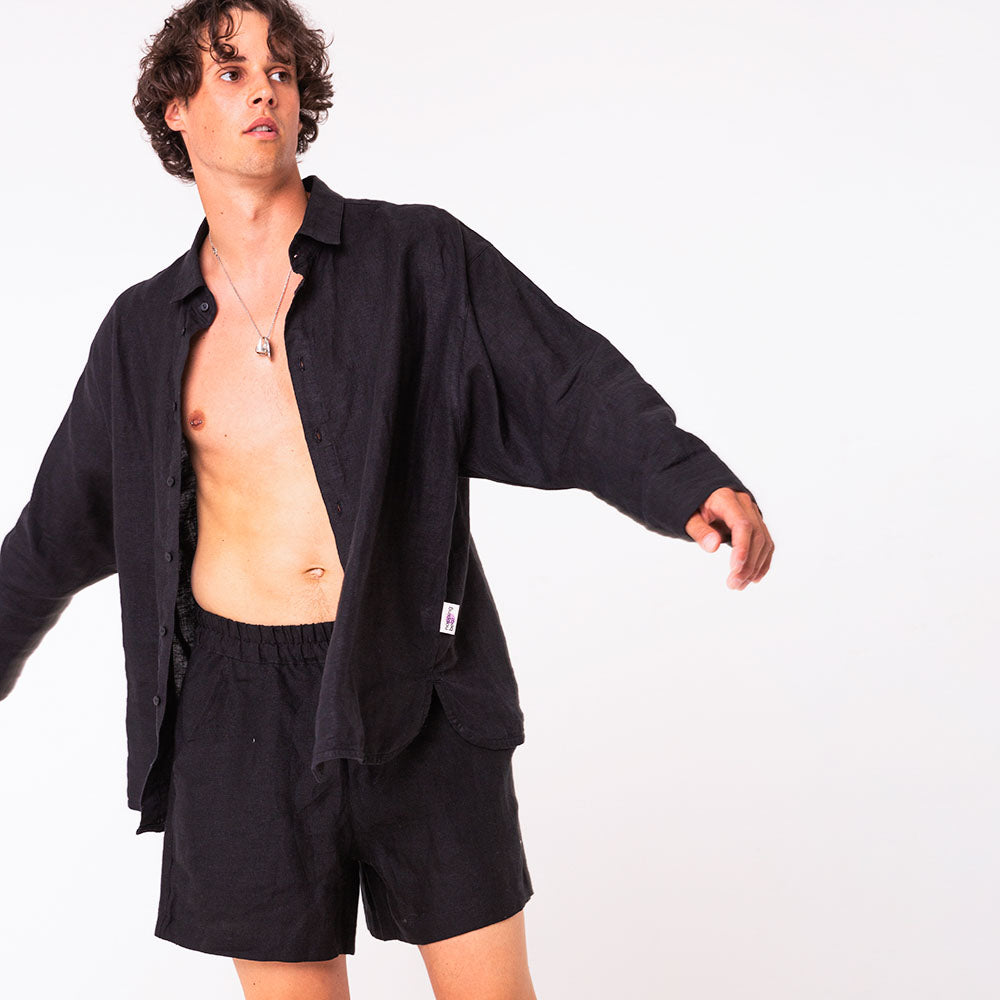 Linen shirt and shorts for men | Solid black