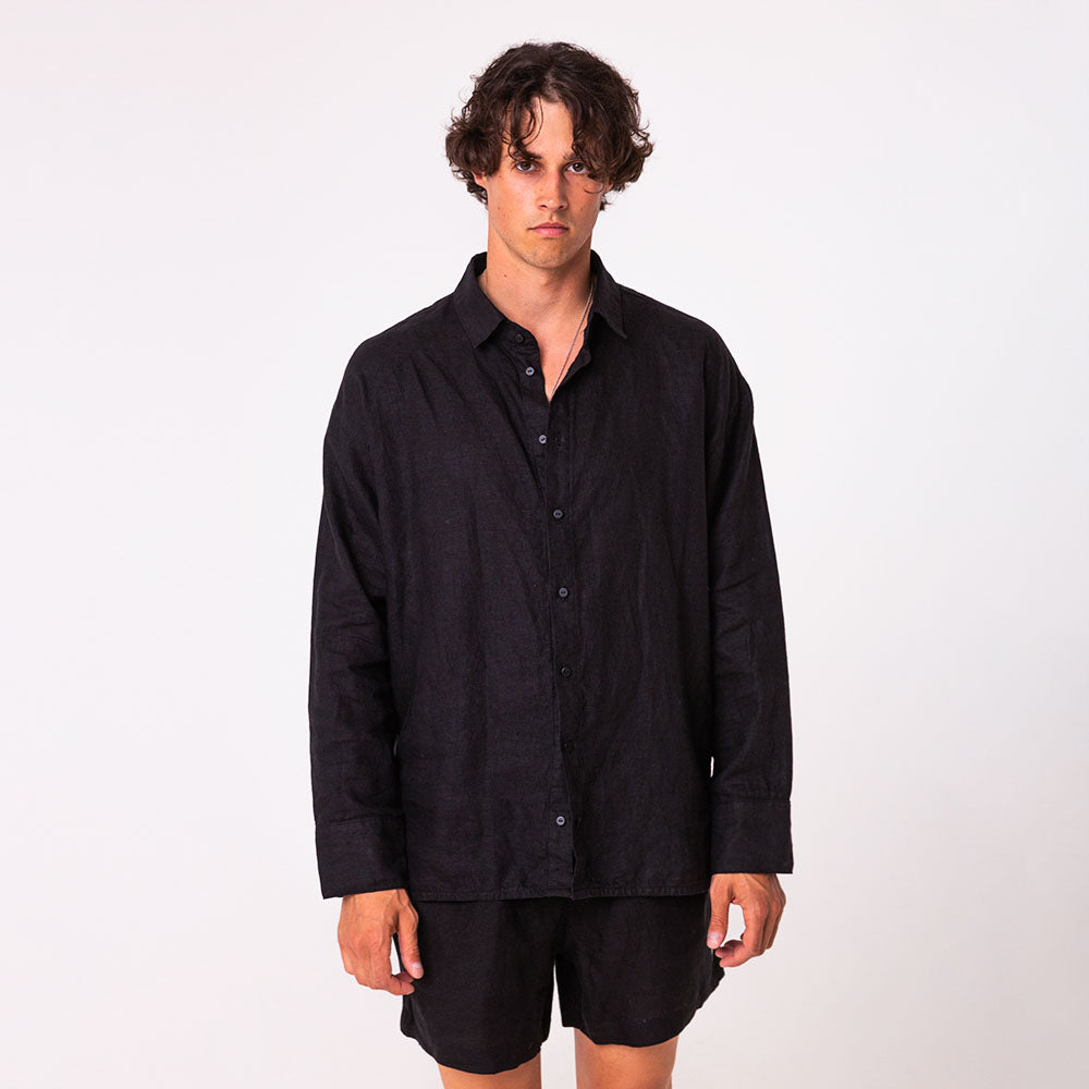 Linen shirt and shorts for men | Solid black