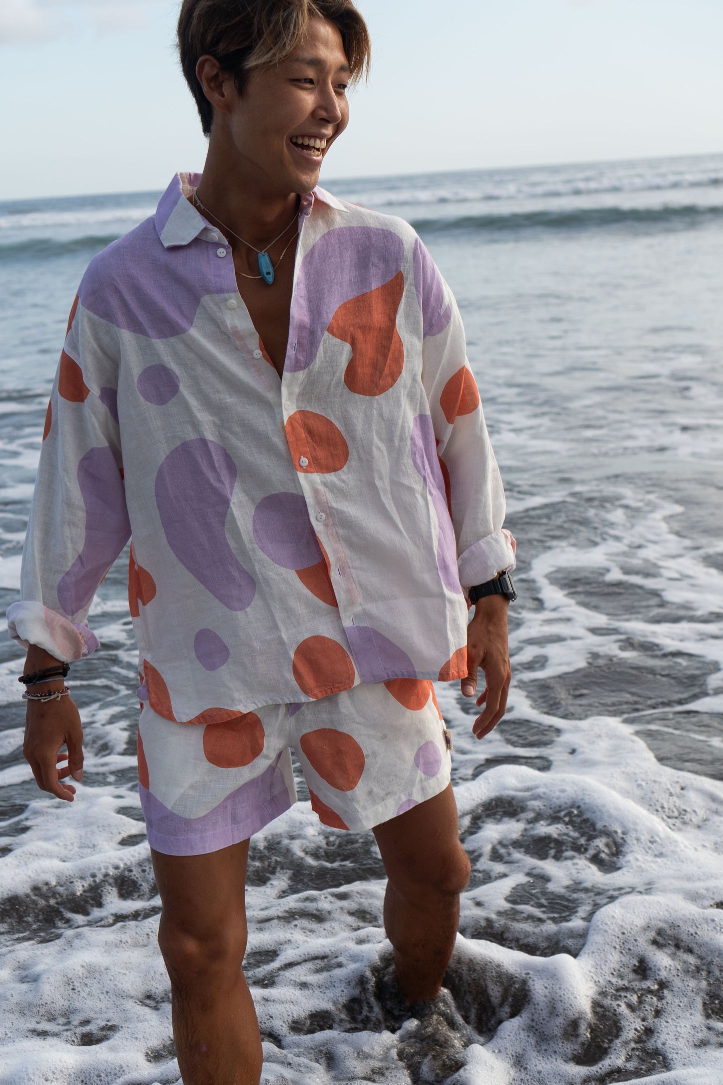 Colorful linen shirt and shorts - candy