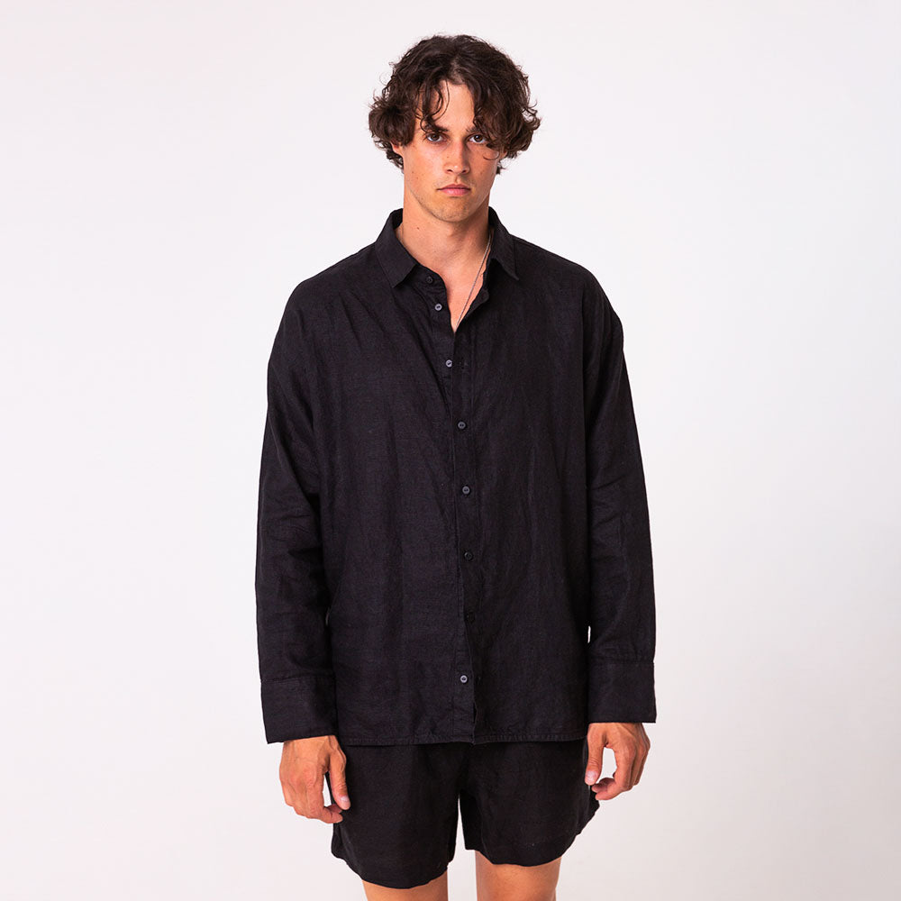 Linen shirt for men | Solid black
